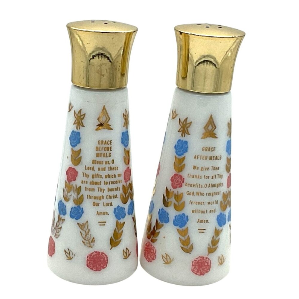 Vtg Prayer Grace Salt & Pepper Shakers Milk Glass Gold Paint Before After Meal